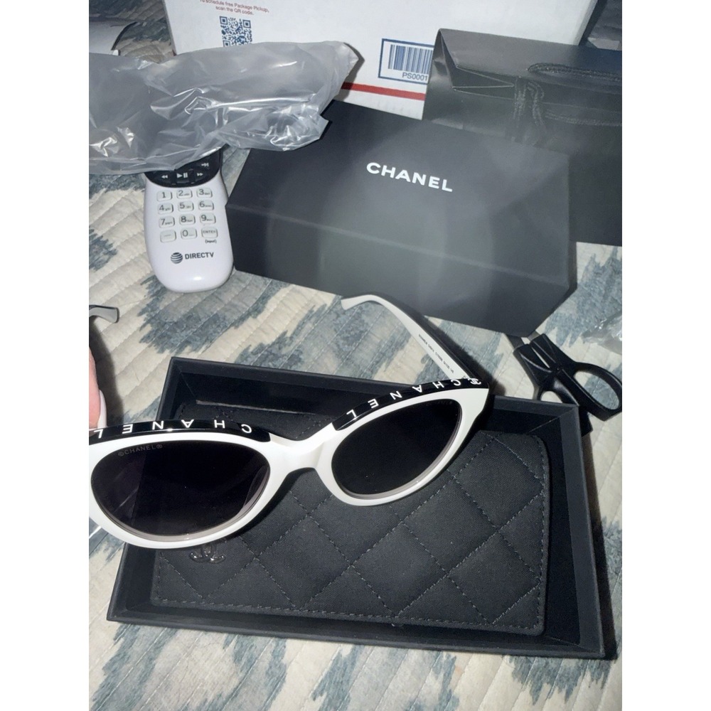 CHANEL Women's Oval Sunglasses White Frame Black Lenses w/ Case & Card